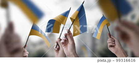 A group of people holding small flags of the Ukraine in their hands A group of people holding small flags of the Ukraine in their hands 99316616