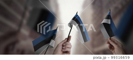 A group of people holding small flags of the Estonia in their hands 99316659