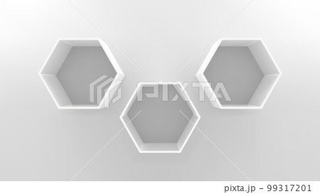 Empty hexagon shelves on white wall 3D mockup Empty hexagon shelves on white wall 3D mockup 99317201