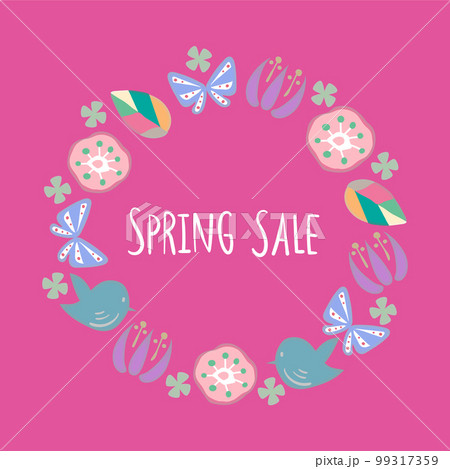 北欧風のお花、鳥、蝶々、SPRING SALEの文字 99317359