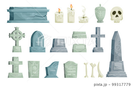 Grave tombstones. Halloween graveyard. Gravestone tombs. Stone memorial cross. Creepy black rip. Horror gothic cemetery isolated elements set. Candles and skull. Vector cartoon garish illustration Grave tombstones. Halloween graveyard. Gravestone tombs. Stone memorial cross. Creepy black rip. Horror gothic cemetery isolated elements set. Candles and skull. Vector cartoon garish illustration 99317779