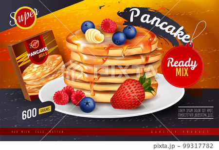 Sweet pancakes. Honey baking food ad box. Advertising of waffle with butter and fruits. Bakery snacks stack on plate. Fresh berries. Dessert cooking dough mix. Vector realistic exact template design Sweet pancakes. Honey baking food ad box. Advertising of waffle with butter and fruits. Bakery snacks stack on plate. Fresh berries. Dessert cooking dough mix. Vector realistic exact template design 99317782