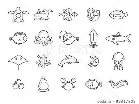 Sea water animal icons. Marine fish. Turtle and whale. Seafood line symbols. Anglerfish and shellfish. Ocean squid sign. Octopus and shell. Lobster in coral. Vector illustration recent pictograms set 99317805