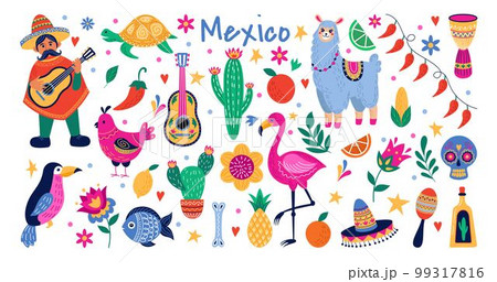 Mexico celebrate symbols. Mexican musician. Guitar and sombrero. Desert cactus. Ethnic fish and turtle. Floral holiday party or travel nature elements set. Funny llama. Vector doodle tidy illustration Mexico celebrate symbols. Mexican musician. Guitar and sombrero. Desert cactus. Ethnic fish and turtle. Floral holiday party or travel nature elements set. Funny llama. Vector doodle tidy illustration 99317816