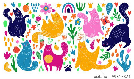 Abstract summer cats, doodle drawing animals. Modern spring garden, nature lemon leaves and rainbow, fashion ornament. Happy hand drawn kitty, cute funny isolated pets. Vector pattern tidy background 99317821