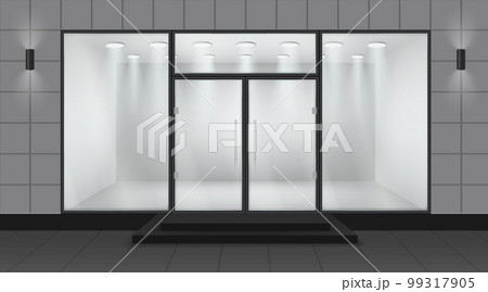 Shop storefront with glass doors and showcase windows. Realistic showroom or gallery with display. Front of store room. Mall facade. Empty boutique. Architecture exterior. Vector 3D neoteric concept Shop storefront with glass doors and showcase windows. Realistic showroom or gallery with display. Front of store room. Mall facade. Empty boutique. Architecture exterior. Vector 3D neoteric concept 99317905