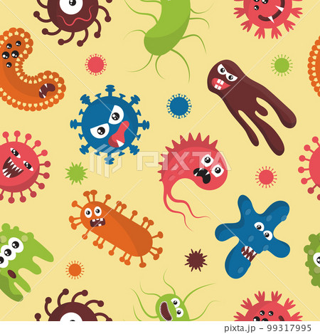 Virus germ. Funny bacteria pattern. Comic Covid influenza characters. Cute microbe faces. Happy and smile pathogen cells. Angry coronavirus monsters. Vector seamless current microbiology background 99317995