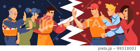 Group conflict. Communication disagreements. Rivals two teams fight. People dispute. Society political power. Upset men and women quarreling. Social confrontation split. Vector cartoon illustration 99318001