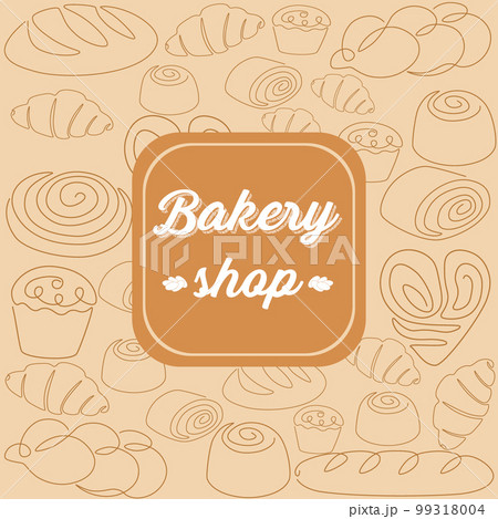 Bakery shop. Logotype design. Emblem or packaging design. Hand drawn continuous line bread and baguette, doodle cinnamon roll and croissant, vintage food logo, vector monochrome isolated illustration 99318004