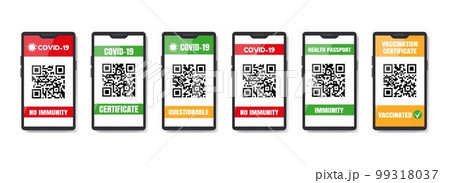 Covid test certificate. Green pass. QR code. Corona vaccine check app. Health Covid-19 passport. Smartphone screen. Virus safety. Mobile identification barcodes set. Vector illustration tidy template 99318037