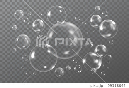 Transparent 3d water soap, foam air bubbles. Realistic circle wash balls drops, liquid reflection, dreamy glossy spheres. Laundry detergent. Vector abstract neoteric illustration isolated background 99318045