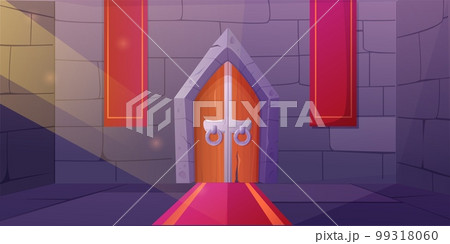 Medieval castle. Dungeon doors. Magic empty interior. Game building. Brick house. Old fairytale stone decoration. Wood and iron doorway. Red carpet and flags. Vector illustration recent background 99318060