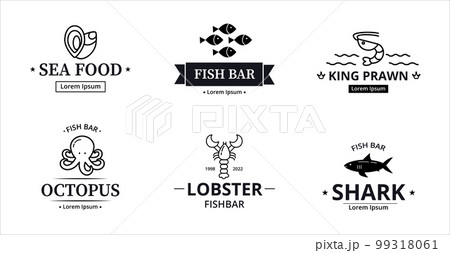 Sea fish logo. Fresh marine food. Black silhouette emblem for deep maritime business with nature water animals. World Earth ocean characters. Seafood bar sign design. Vector geometric recent icons set 99318061