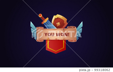 Medieval game victory. Win in battle. UI flag and ribbon. War sign. Gaming app. Triumph ranking banner. Luxury colorful trophy for winner. Warriors sword and shield. Vector recent design background 99318062