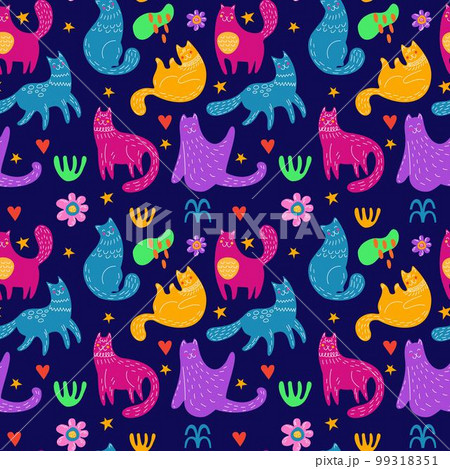 Cute cat pattern, scandinavian animals. Kids style tiger, childish hand drawing, funky art print, brush ornament. Decor textile, wrapping paper, wallpaper design. Vector seamless tidy illustration 99318351