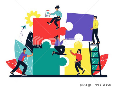 Business concept, team work, people connect huge puzzle. Partnership and cooperation in teamwork, building pieces together, creative professional challenge. Men and women vector illustration tidy 99318356