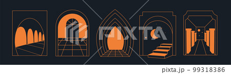 Mystic linear logo. Sun symbol. Bohemian window. Alchemy or astrology. Boho fantasy esoteric frame. Silhouette arch and ladder. Minimal door in space. Moon and stars. Vector illustration recent set Mystic linear logo. Sun symbol. Bohemian window. Alchemy or astrology. Boho fantasy esoteric frame. Silhouette arch and ladder. Minimal door in space. Moon and stars. Vector illustration recent set 99318386