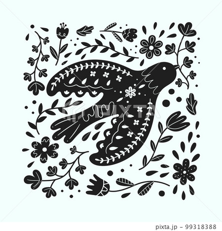 Simple Scandinavian bird with flower details. Summer or spring kids animal art. Retro floral doodle. Apparel print. Plant blooming blossom. Black silhouette Scandi birdie. Vector vintage utter pattern 99318388