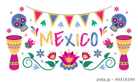Mexico flower elements, party cover. Floral background with cactus and skull, traditional music, tropical holiday celebration, colorful artistic postcard. Vector cartoon bright design tidy decor set Mexico flower elements, party cover. Floral background with cactus and skull, traditional music, tropical holiday celebration, colorful artistic postcard. Vector cartoon bright design tidy decor set 99318399