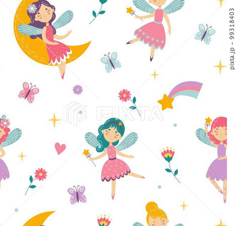 Fairy princess pattern, cute girls dancing. Doll child and flowers, childish baby fabric with magic rainbow and moon, sweet heart. Wallpaper and wrapping design. Vector seamless tidy illustration Fairy princess pattern, cute girls dancing. Doll child and flowers, childish baby fabric with magic rainbow and moon, sweet heart. Wallpaper and wrapping design. Vector seamless tidy illustration 99318403