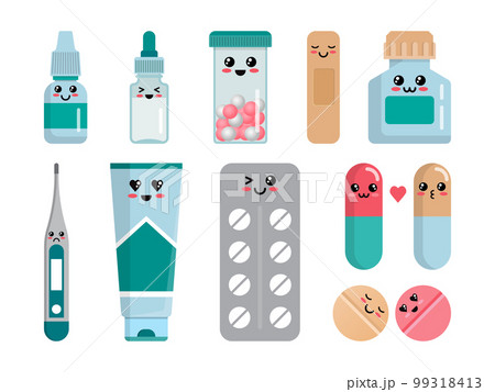 Medicine pills set, antibiotics and drug funny characters. Pharmacy mascot, medical tablets, vitamins in capsule, aspirin in container and blisters. Vector cartoon flat isolated current illustration 99318413