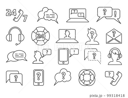 Call center. Customer support icons. Advice service. Phone assist. FAQ line symbols. Ask questions. Help agent. Business feedback. Telephone and online communication. Vector stroke current signs set 99318418