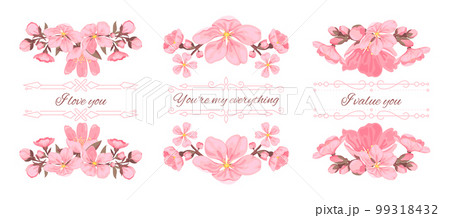 Cherry blossom flower bouquet romantic flat set. Love lettering vintage border divider element greeting card sticker tattoo holiday decor ads valentine gift delicate pink bunch sakura spring isolated Cherry blossom flower bouquet romantic flat set. Love lettering vintage border divider element greeting card sticker tattoo holiday decor ads valentine gift delicate pink bunch sakura spring isolated 99318432
