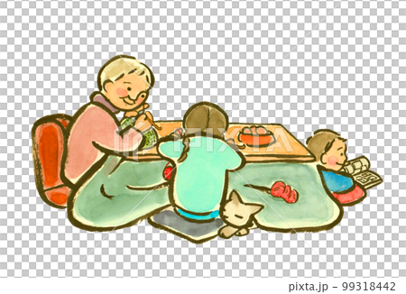 こたつで寛ぐおばあちゃんと孫きょうだい 99318442