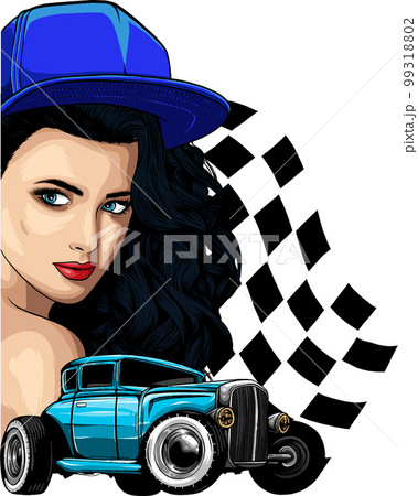 girl with classic hot rod. illustration in rockabilly style. 99318802