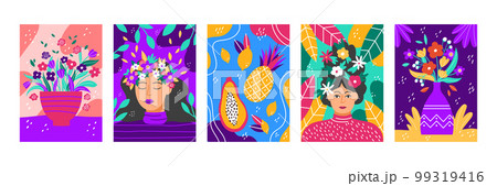 Flower bouquet, abstract fruit patterns. Invitation with papaya, lemon and pineapple, cute summer woman. Bright colors, doodle drawing posters set. Positive thinking. Vector garish illustration flyers Flower bouquet, abstract fruit patterns. Invitation with papaya, lemon and pineapple, cute summer woman. Bright colors, doodle drawing posters set. Positive thinking. Vector garish illustration flyers 99319416