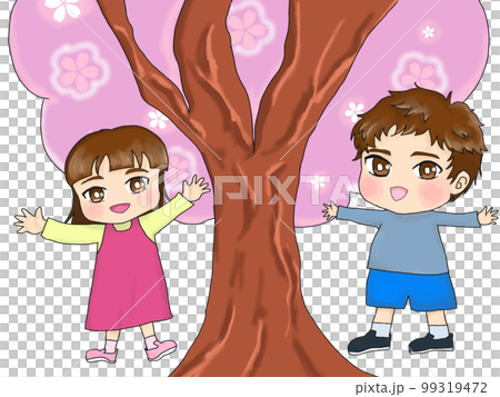 Boys and girls happy in front of the cherry tree Boys and girls happy in front of the cherry tree 99319472