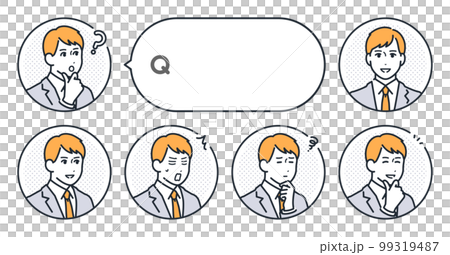 Vector illustration set material of a simple face icon of a young man in a suit and a speech bubble 99319487
