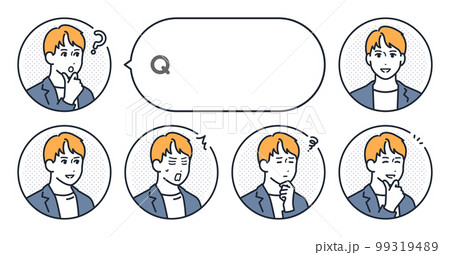 カジュアルスーツの若い男性のシンプルな顔アイコンと吹き出しのベクターイラストセット素材 99319489