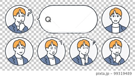カジュアルスーツの若い男性のシンプルな顔アイコンと吹き出しのベクターイラストセット素材 99319489