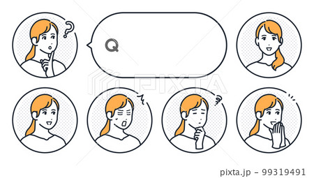 若い主婦のシンプルな顔アイコンと吹き出しのベクターイラストセット素材 99319491