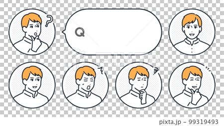 Vector illustration set material of young man's simple face icon and speech bubble 99319493
