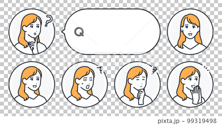 若い女性のシンプルな顔アイコンと吹き出しのベクターイラストセット素材 99319498