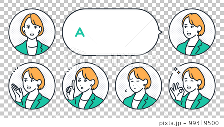 Vector illustration set material of young business woman's simple face icon and speech bubble 99319500
