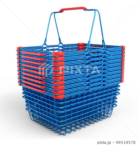 Stavk of metal wire basket from supermarket for online shopping on white. 99319578