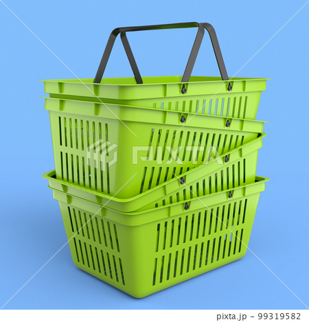 Stack of plastic basket from supermarket for online shopping on blue background. Stack of plastic basket from supermarket for online shopping on blue background. 99319582