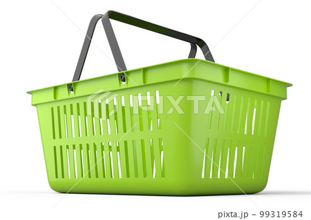 Plastic basket from supermarket for online shopping on white background. 99319584