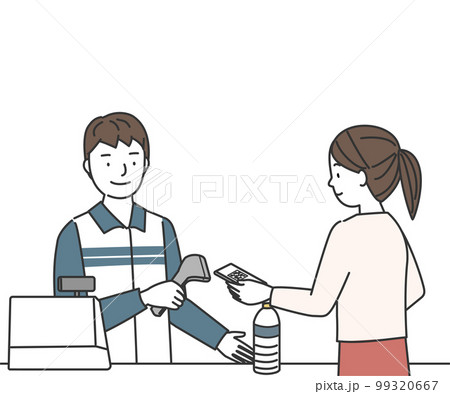 コンビニのレジでスマホ決済する女性客と男性店員 99320667