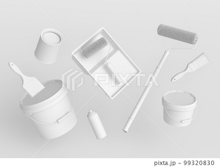 Set of metal cans or buckets with paint roller, brush and folding ladder 99320830