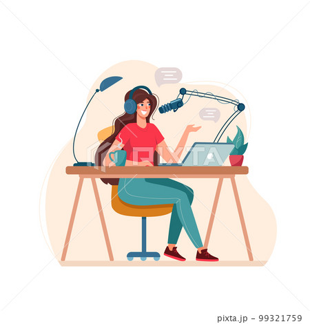 Vector Illustration Podcast Record. The girl interviews, conducts a webinar, online courses, the concept of an educational podcast. Can be used for web banner, infographic. Isolated on white. Vector Illustration Podcast Record. The girl interviews, conducts a webinar, online courses, the concept of an educational podcast. Can be used for web banner, infographic. Isolated on white. 99321759