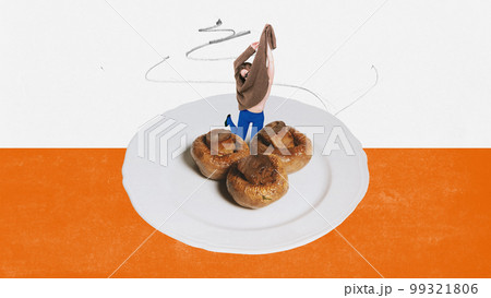 Mushrooms on plate. Food pop art photography. Surrealism. New ideas, crazy mood. Contemporary art collage. Concept of creativity, degustation, surreal art, retro style. 99321806
