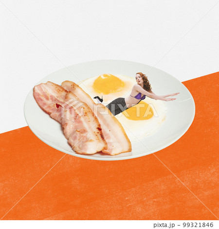 Food pop art photography. Girl lying on plate with bacon and eggs. Contemporary art collage. Concept of creativity, degustation, surreal art, retro style. 99321846