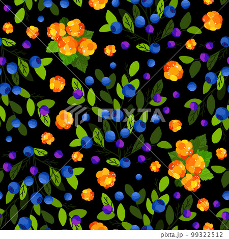 Vector seamless pattern with cloudberry and bluberry with branches and leaves on black background. 99322512