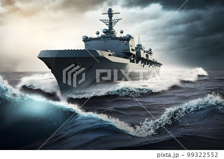 Navy aircraft carrier in wavy sea water. Neural network AI generated art 99322552