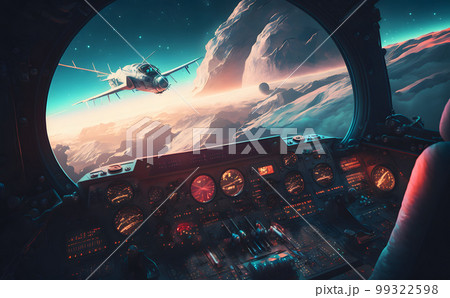 Airplane cockpit view during intergalaxy journey flight or spaceship battle. Neural network AI generated art Airplane cockpit view during intergalaxy journey flight or spaceship battle. Neural network AI generated art 99322598