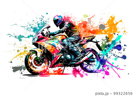 Sticker of Biker on sport motorcycle in watercolor style on white background. Neural network AI generated art 99322656